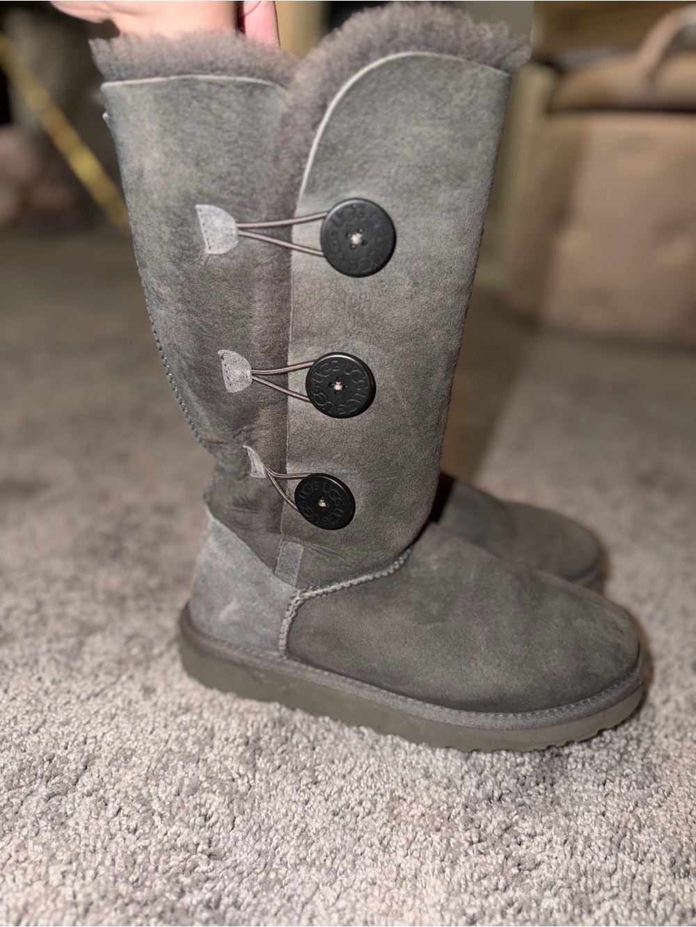UGG Australia Bailey Button Triplet II Tall Boots Grey Suede Size 7
